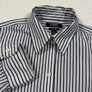 Chaps No Iron Women Button Down Shirt S Striped Navy‎ White 3/4 Sleeve EUC